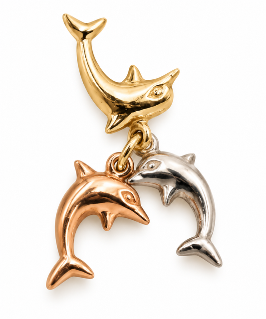 Triple dolphin pendant charm in yellow, rose and white 9ct gold
