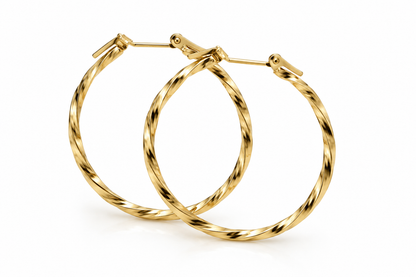 Pair of 35mm yellow gold diamond-cut twisted hoop earrings
