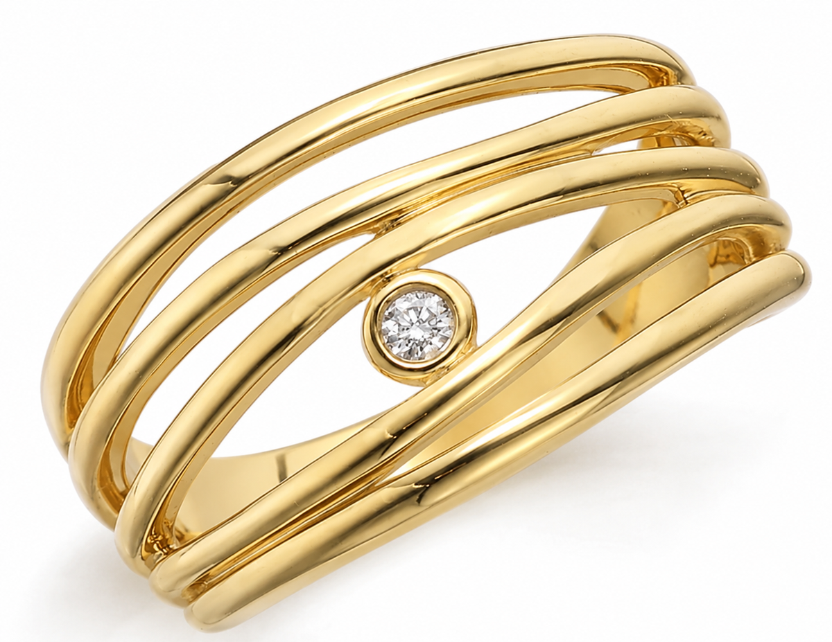 9ct yellow gold open cage ring with sweeping bands and a single lab-grown diamond