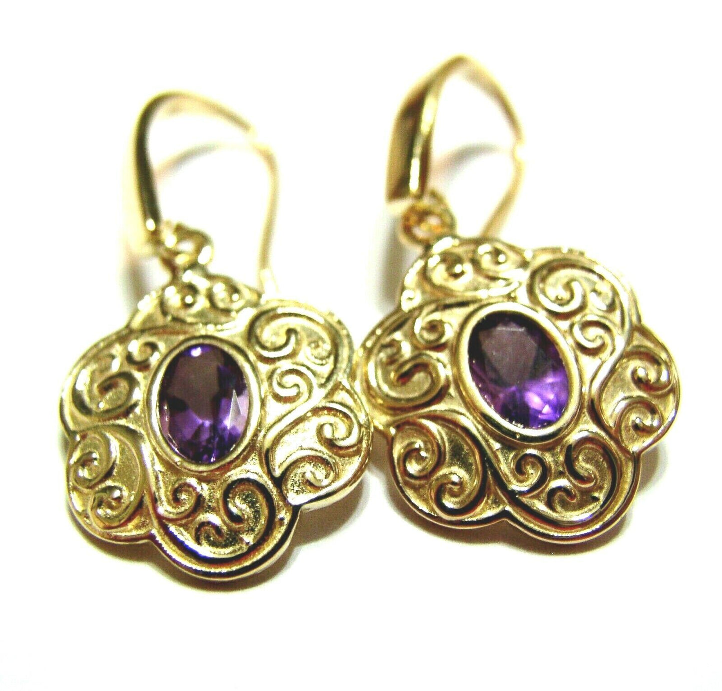 Genuine Heavy 9ct 9K Solid Yellow, Rose or White Gold Antique Amethyst Filigree Drop Earrings