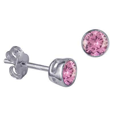 Genuine Sterling Silver 4mm Round Crystal / Cubic Zirconia Birthstone Bezel Stud Earrings - Available January to December birthstones (Copy)