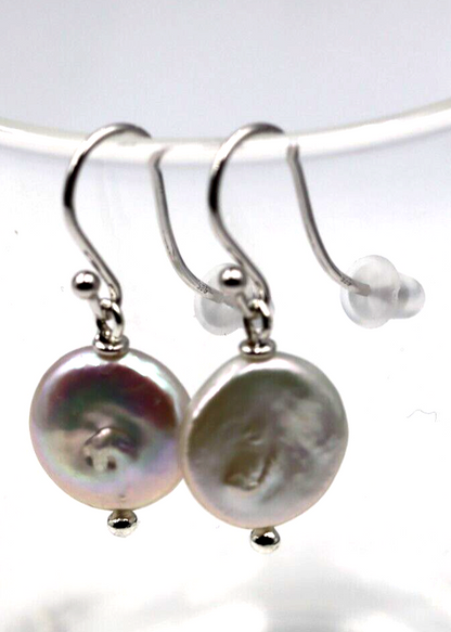 925 Sterling Silver 14mm Coin Pearl Drop Earrings