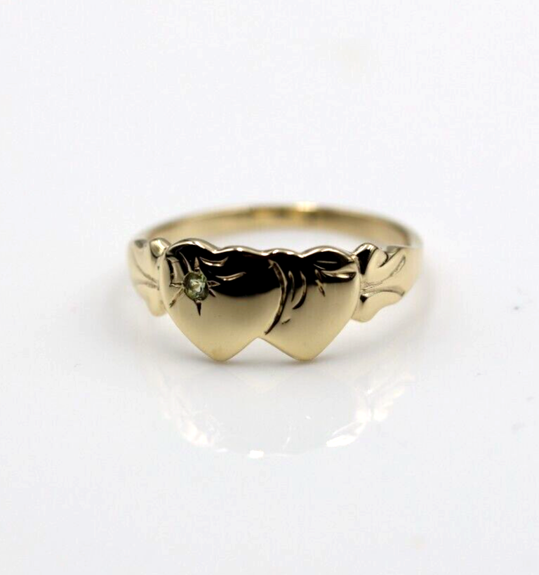 Genuine 9ct 9k 375 Yellow Gold Double Heart Yellow Green Peridot August Birthstone Signet Ring In your size
