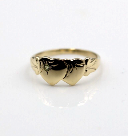 Genuine 9ct 9k 375 Yellow Gold Double Heart Yellow Green Peridot August Birthstone Signet Ring In your size