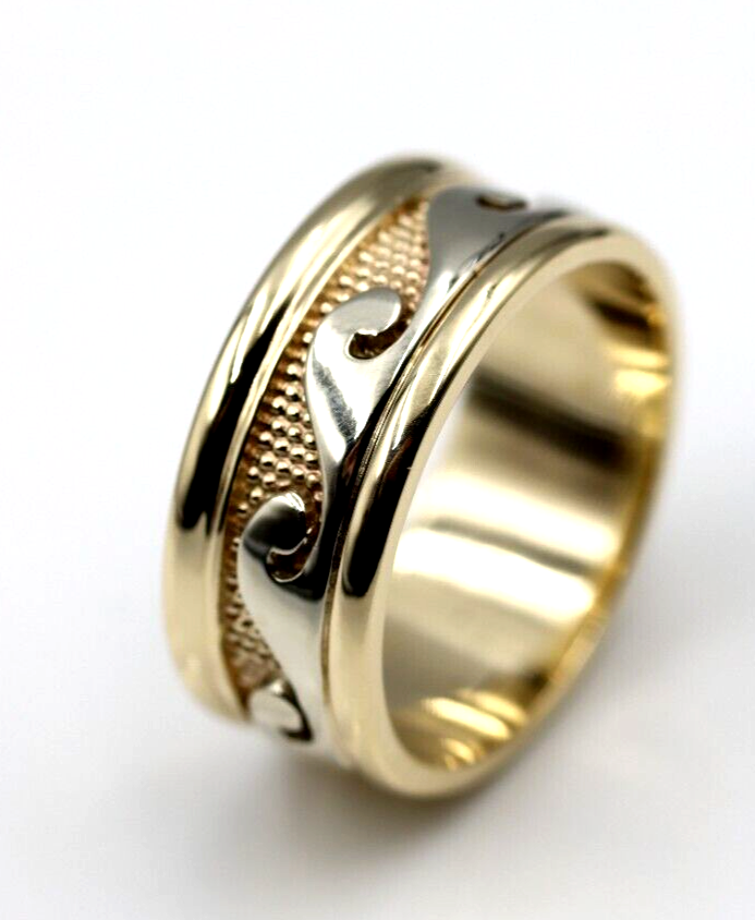 Solid Genuine 9ct 9kt Yellow And White Gold Mens Surf Wave Ring - Choose your ring size