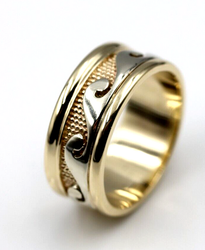 Solid Genuine 9ct 9kt Yellow And White Gold Mens Surf Wave Ring - Choose your ring size
