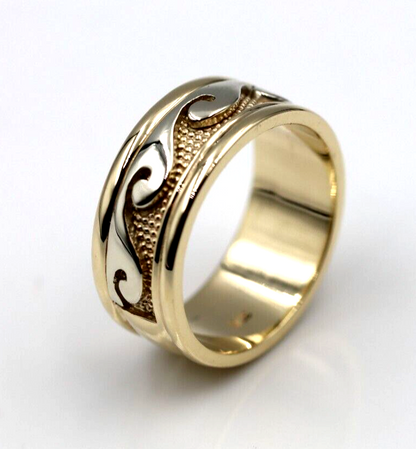 Solid Genuine 9ct 9kt Yellow And White Gold Mens Surf Wave Ring - Choose your ring size