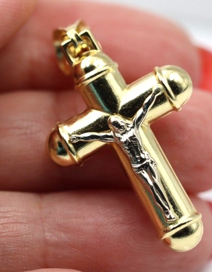 Genuine 18ct 18kt 750 Yellow/White Gold Hollow Crucifix Cross Pendant