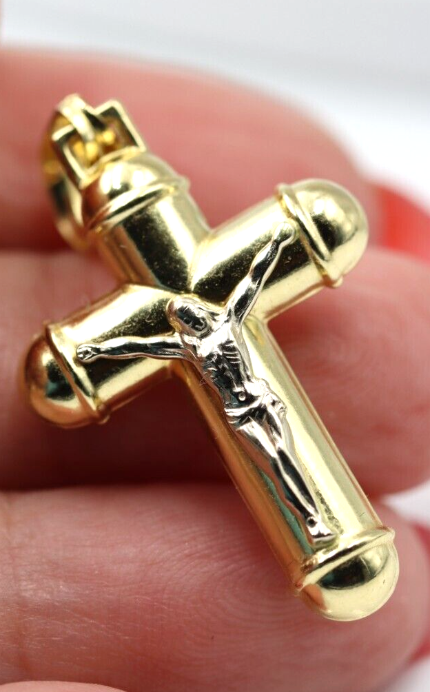 Genuine 18ct 18kt 750 Yellow/White Gold Hollow Crucifix Cross Pendant