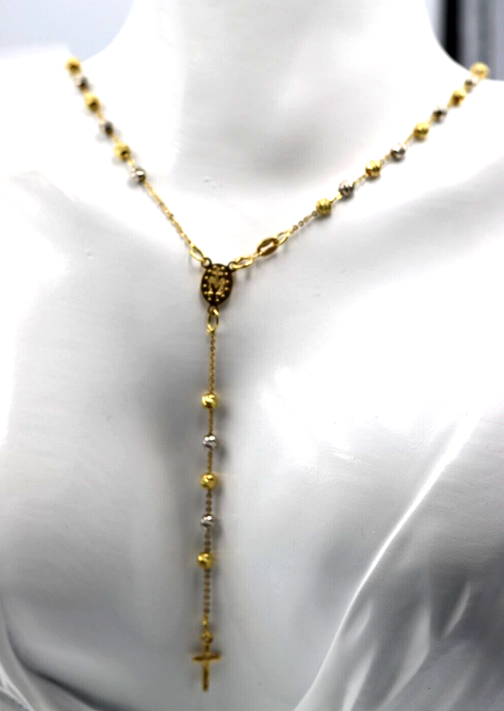 Genuine 18ct Yellow Gold Ball Rosary Bead Necklace Mary Miraculous + Cross Pendant