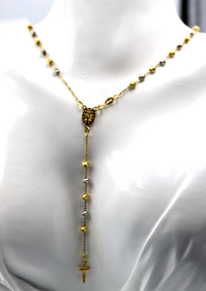 Genuine 18ct Yellow Gold Ball Rosary Bead Necklace Mary Miraculous + Cross Pendant