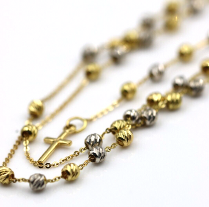 Genuine 18ct Yellow Gold Ball Rosary Bead Necklace Mary Miraculous + Cross Pendant
