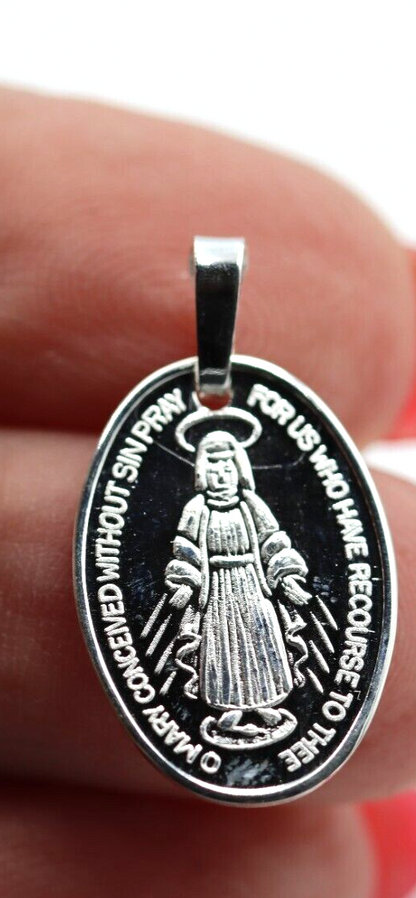 Genuine Sterling Silver 925 Miraculous Mary Pendant 20mm x 9mm Oval