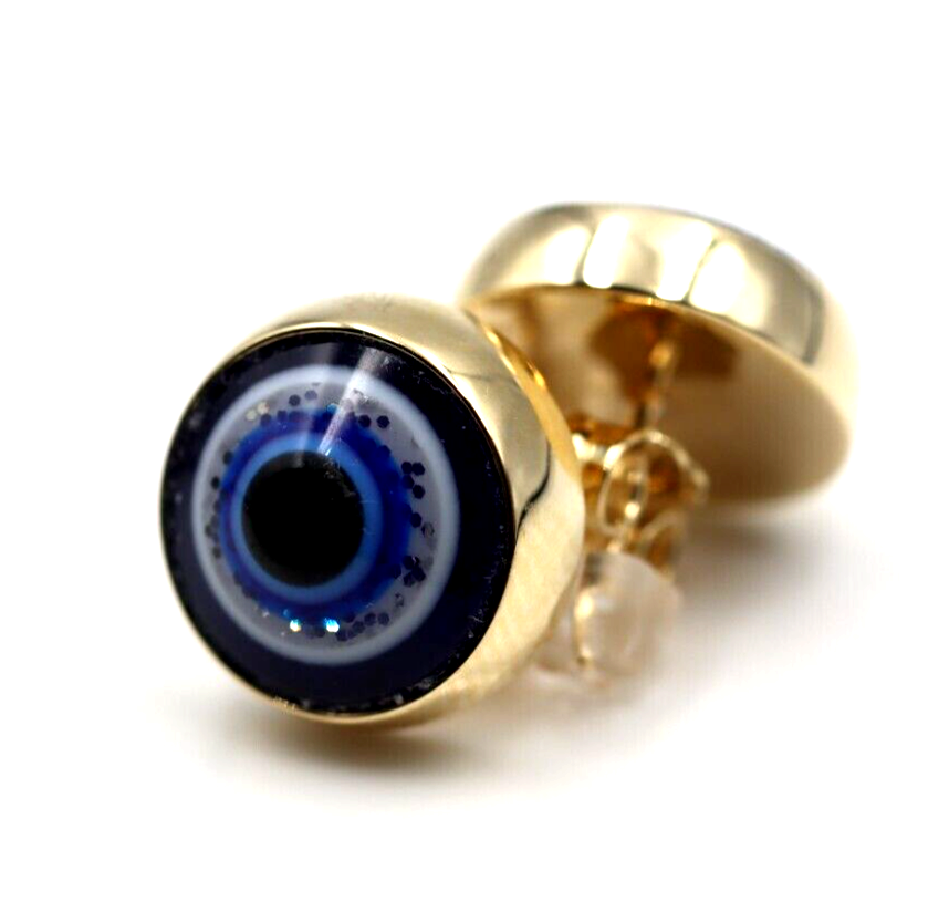 Genuine 9ct 9K Solid Yellow, Rose or White Gold 14mm Evil Eye Stud Ball Earrings