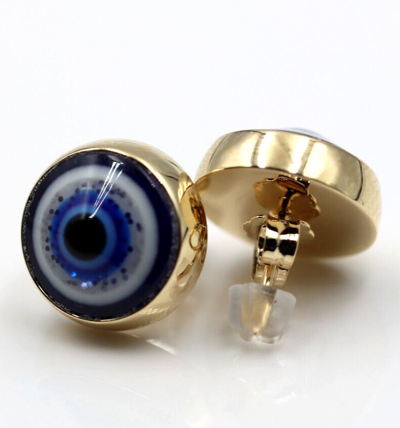 Genuine 9ct 9K Solid Yellow, Rose or White Gold 14mm Evil Eye Stud Ball Earrings