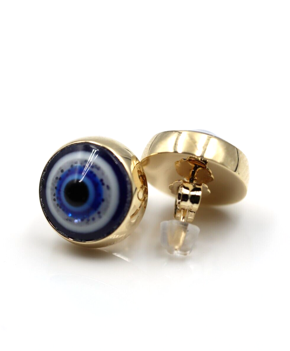 Genuine 9ct 9K Solid Yellow, Rose or White Gold 14mm Evil Eye Stud Ball Earrings