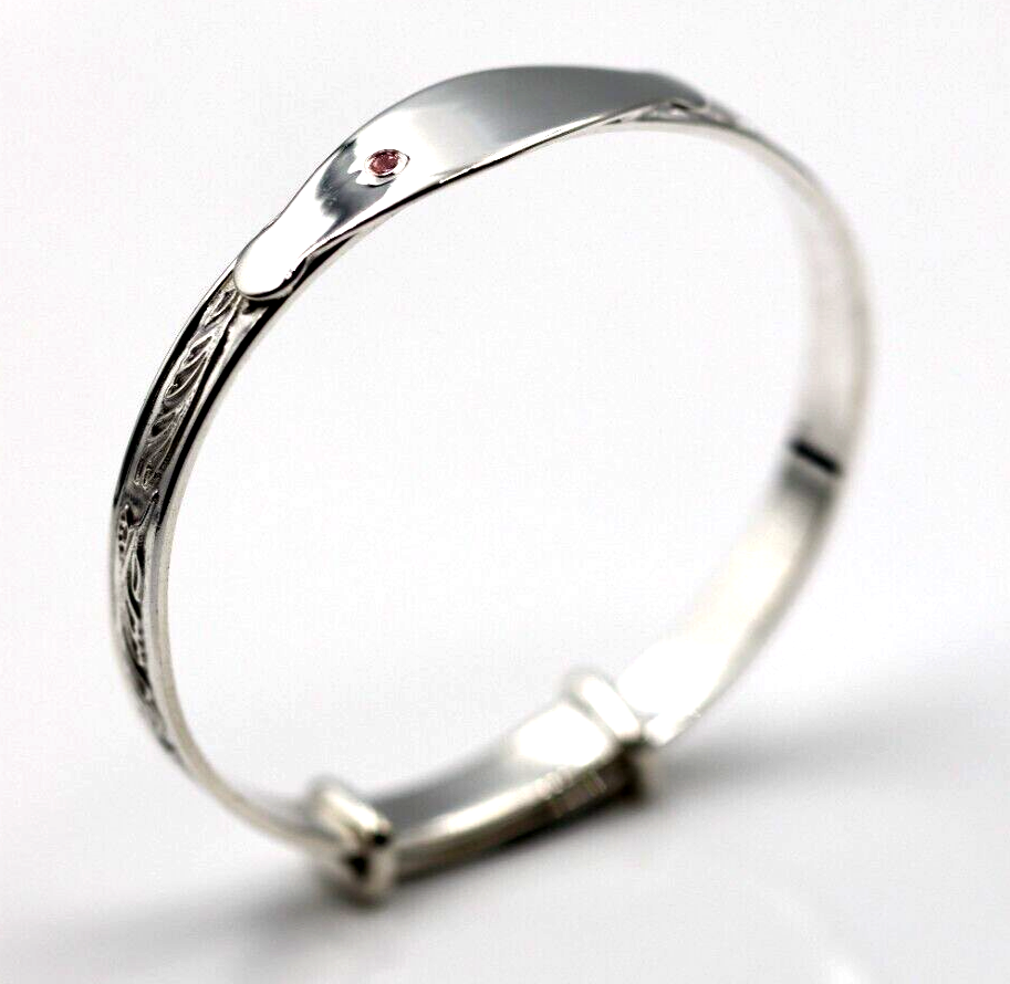 Sterling Silver 925 Child's Engraved Expanding Bangle + ID Plate Pink CZ
