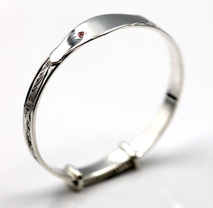 Sterling Silver 925 Child's Engraved Expanding Bangle + ID Plate Pink CZ
