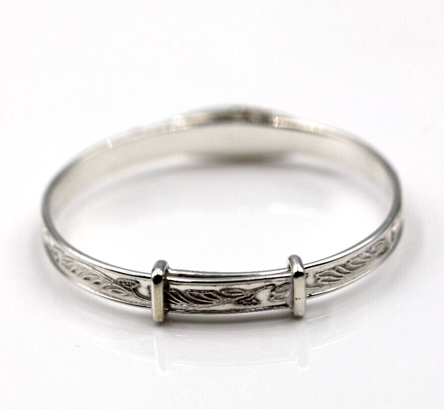 Sterling Silver 925 Child's Engraved Expanding Bangle + ID Plate Pink CZ