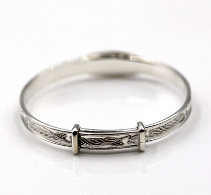 Sterling Silver 925 Child's Engraved Expanding Bangle + ID Plate Pink CZ
