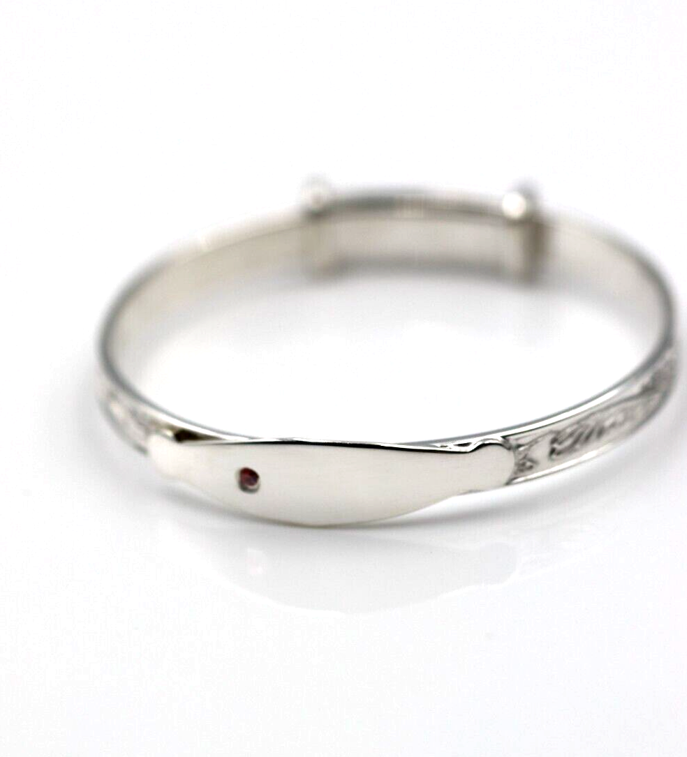 Sterling Silver 925 Child's Engraved Expanding Bangle + ID Plate Pink CZ