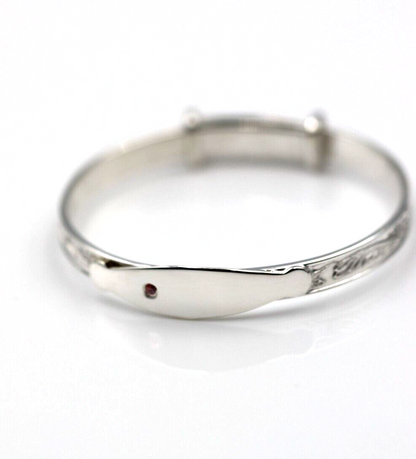 Sterling Silver 925 Child's Engraved Expanding Bangle + ID Plate Pink CZ