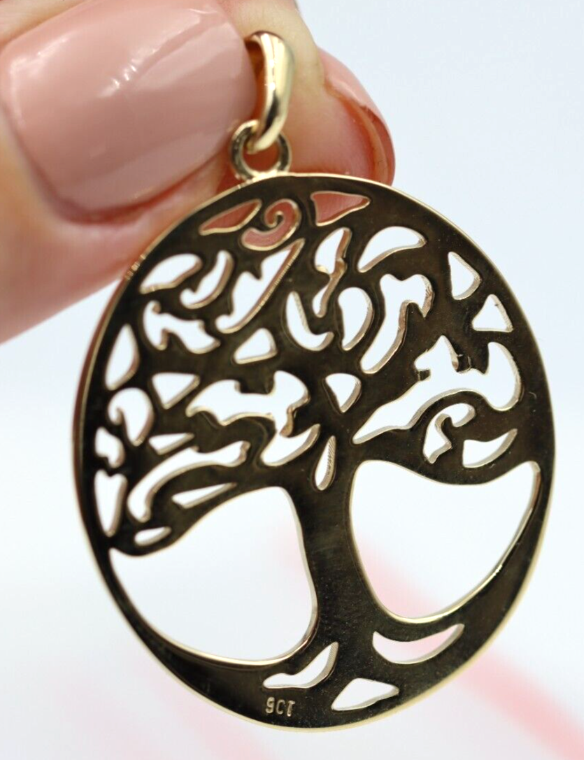 Genuine 9ct 9k 375 Yellow Gold Oval Filigree Tree Of Life Pendant