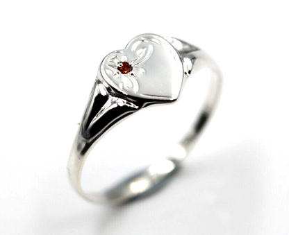 Genuine Large Sterling Silver Heart Set with Garnet Signet Ring - Choose your size