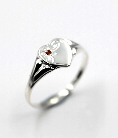 Genuine Large Sterling Silver Heart Set with Garnet Signet Ring - Choose your size