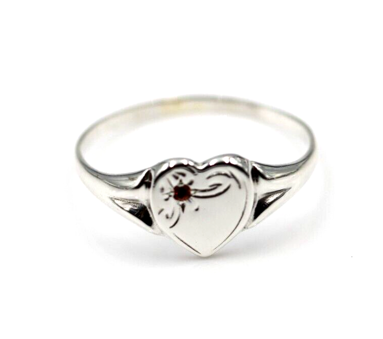 Genuine Large Sterling Silver Heart Set with Garnet Signet Ring - Choose your size