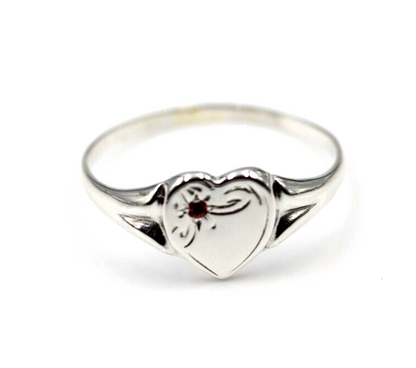 Genuine Large Sterling Silver Heart Set with Garnet Signet Ring - Choose your size