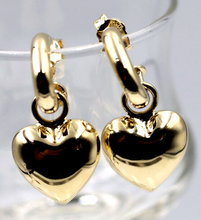 Kaedesigns Genuine 9ct 9kt 375 Large Yellow, Rose or White Gold Dangle Bubble Puffed Heart Stud Earrings