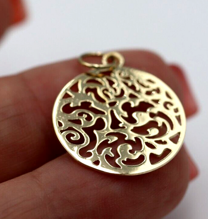 Genuine Solid 9ct 9kt 375 Yellow, White Or Rose Gold Round Filigree Pendant