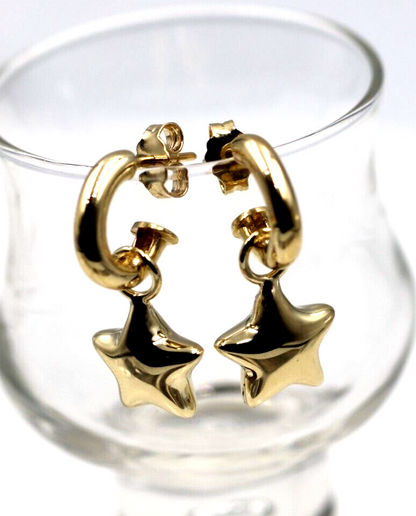 Genuine 9ct 9kt 375 Large Yellow, Rose or White Gold Dangle Bubble Puffed Star Stud Earrings