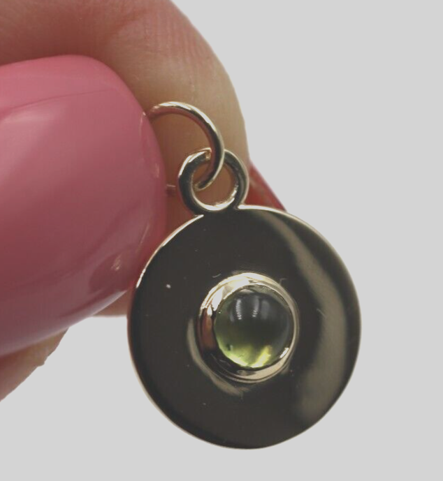 Genuine 9ct 9k 375 Yellow, Rose or White Gold 12mm Cabochon Green Peridot Disc round circle pendant