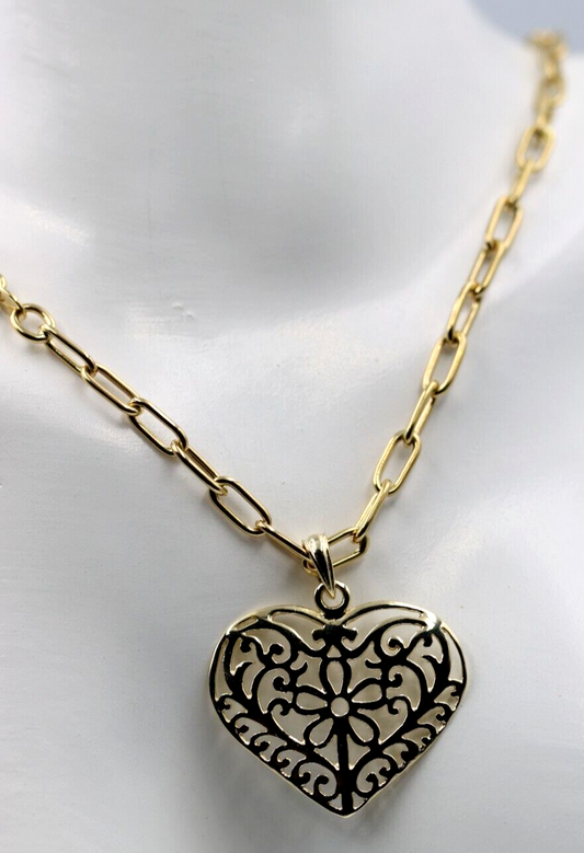 Genuine 9ct Yellow Gold Handmade Paper Clip 45cm Chain + Heart Pendant
