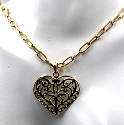 Genuine 9ct Yellow Gold Handmade Paper Clip 45cm Chain + Heart Pendant