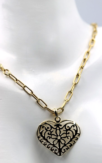 Genuine 9ct Yellow Gold Handmade Paper Clip 45cm Chain + Heart Pendant