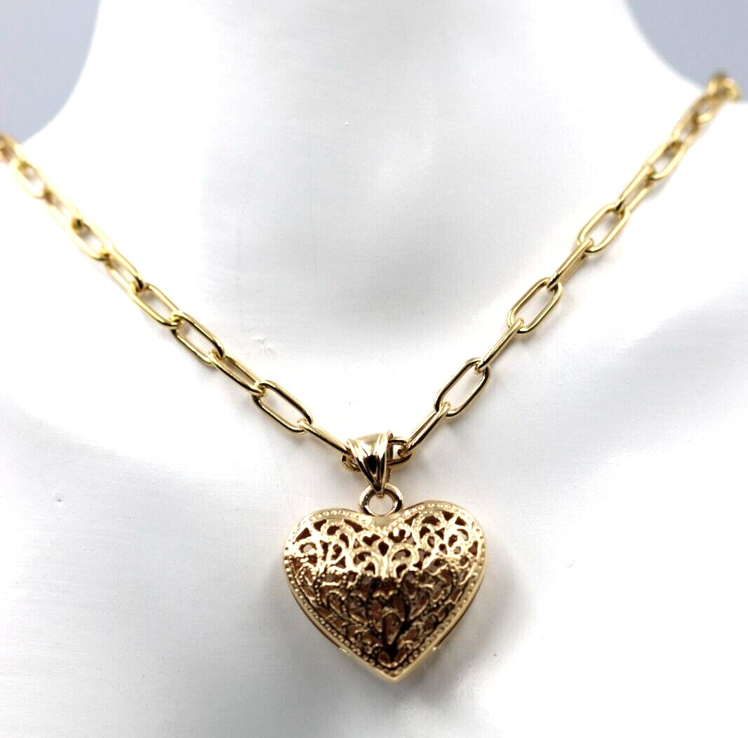 Genuine 9ct Yellow Gold Handmade Paper Clip 45cm Chain + Heart Pendant