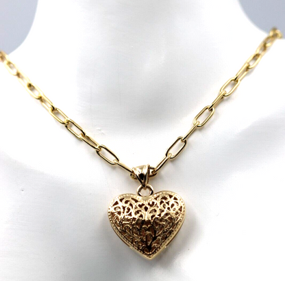 Genuine 9ct Yellow Gold Handmade Paper Clip 45cm Chain + Heart Pendant