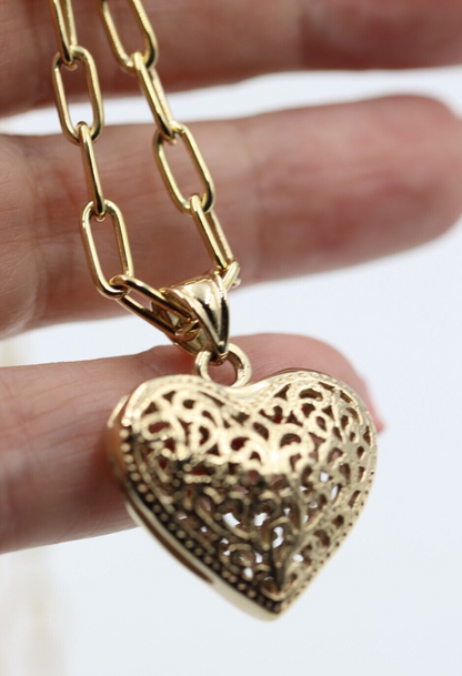 Genuine 9ct Yellow Gold Handmade Paper Clip 45cm Chain + Heart Pendant