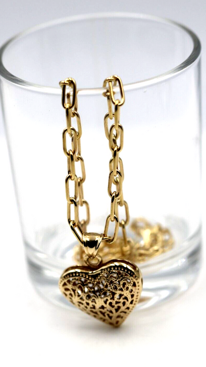 Genuine 9ct Yellow Gold Handmade Paper Clip 45cm Chain + Heart Pendant
