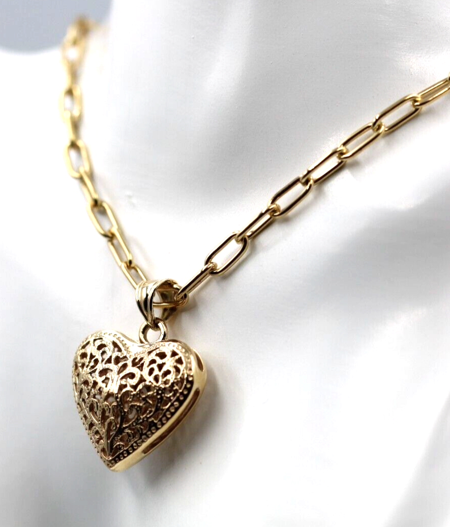 Genuine 9ct Yellow Gold Handmade Paper Clip 45cm Chain + Heart Pendant