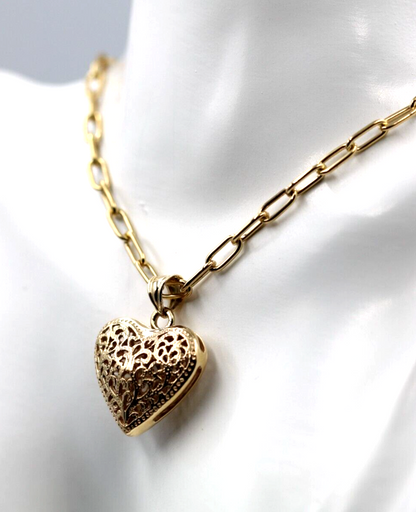 Genuine 9ct Yellow Gold Handmade Paper Clip 45cm Chain + Heart Pendant