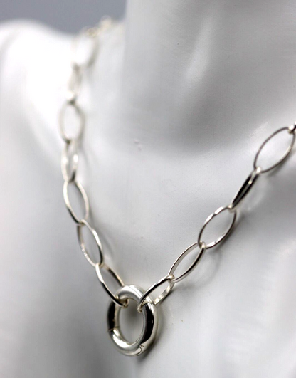 Sterling Silver Oval Paperclip Links Necklace Chain + Spring Ring