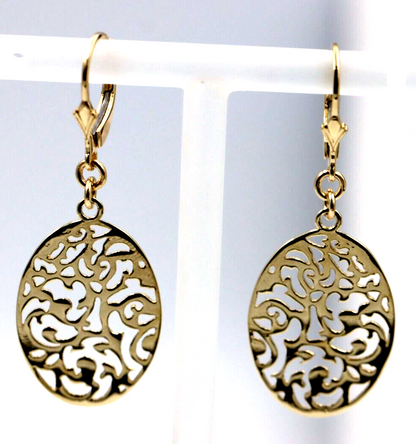 Continental Hooks 9ct Solid Yellow, Rose or White Gold Antique Oval Filigree Drop Earrings