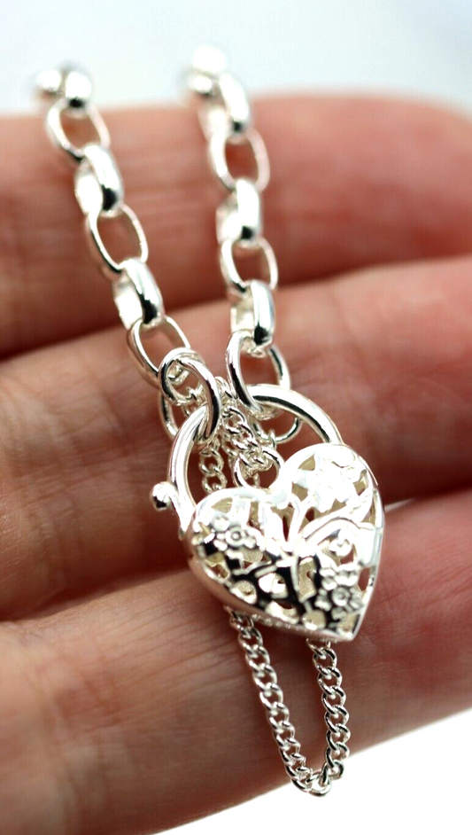 Sterling Silver 925 Oval Belcher bracelet 19cm long Heart Padlock