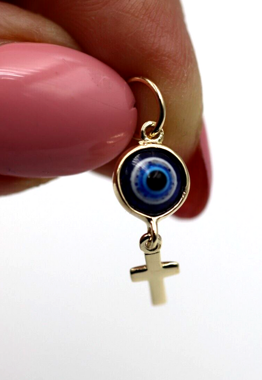 Genuine 9ct Yellow, Rose or White Gold Greek Mati Nazar Lucky 5mm Evil Eye + Cross Charm or Pendant