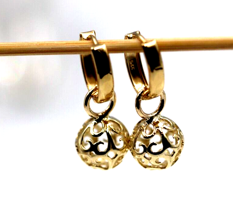 Genuine 9ct 9k 375 Yellow, Rose or White Gold Hoop 10mm Filigree Ball Huggies Earrings