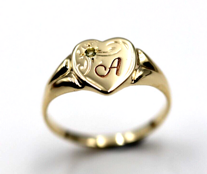 Genuine 9ct 9k 375 Yellow Gold Green Peridot (August Birthstone) Signet Ring + Engraving